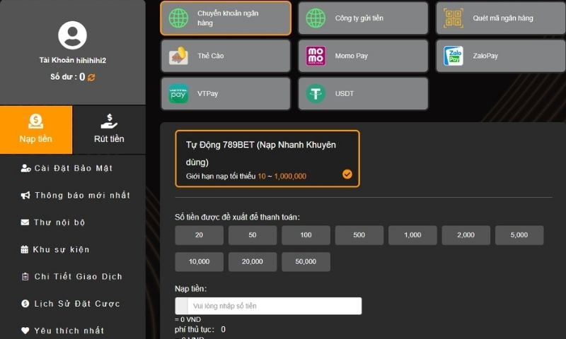 Nạp tiền 789bet thông qua nhiều phương thức
